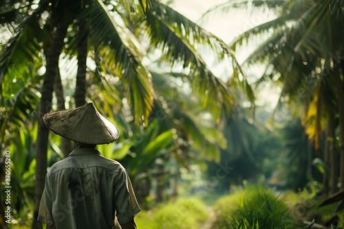 Experience the tranquility of rural Asia with studio isolate shots portraying an Asian man farmer amidst the towering coconut palms of his plantation. photo