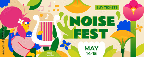 Banner for a music festival to open the warm season. Fresh atmosphere, flowers, music, a woman playing the lyre. Perfect for summer parties, open-air festivals, and much more.