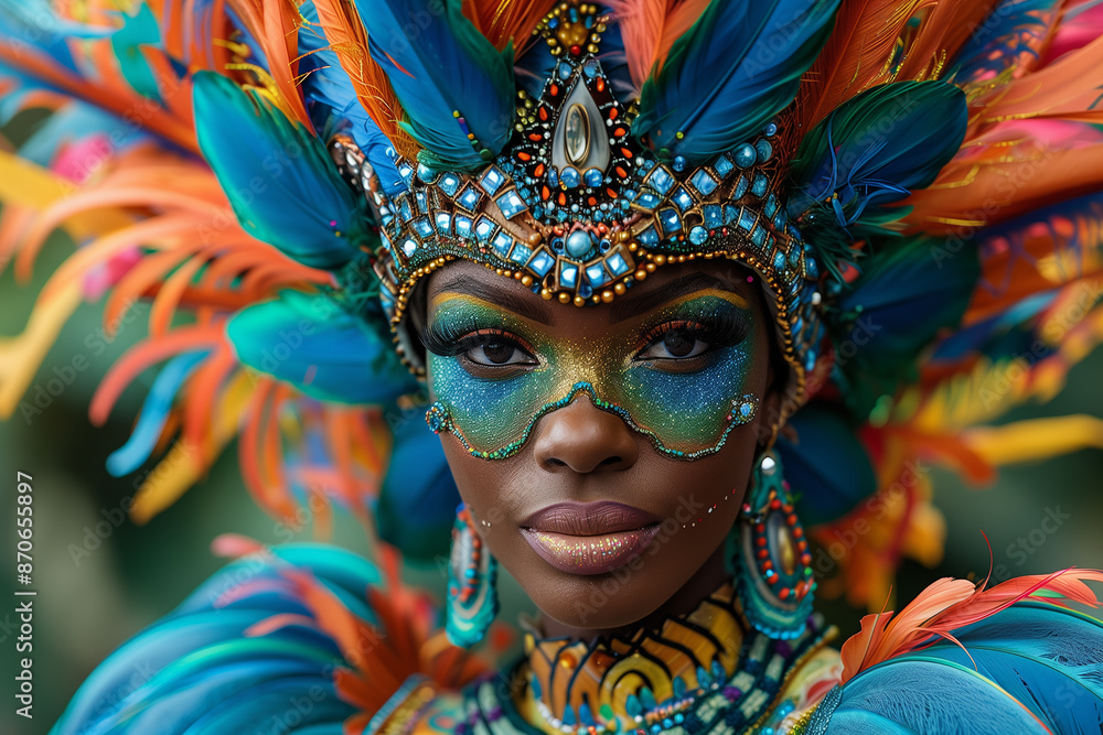 Carnival participant in kaleidoscopic costume exudes energy in Notting Hill the riotous colors contrasting Londons grey architecture Carnival participant in kaleidoscopic costume exudes energy in Notting Hill the riotous colors contrasting Londons grey architecture