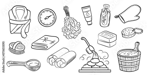 Sauna and wellness outline illustrations. Vector set of cute elements in doodle style isolated on white background. 