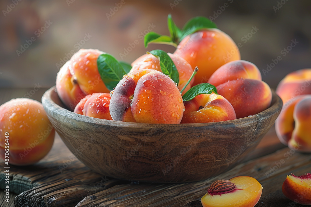 Bowl of ripe juicy peaches on a wooden table Bowl of ripe juicy peaches on a wooden table