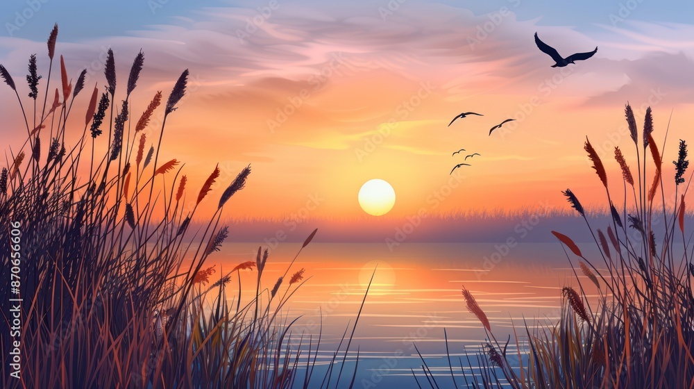 Sunset Over a Tranquil Lake with Silhouetted Grass Sunset Over a Tranquil Lake with Silhouetted Grass