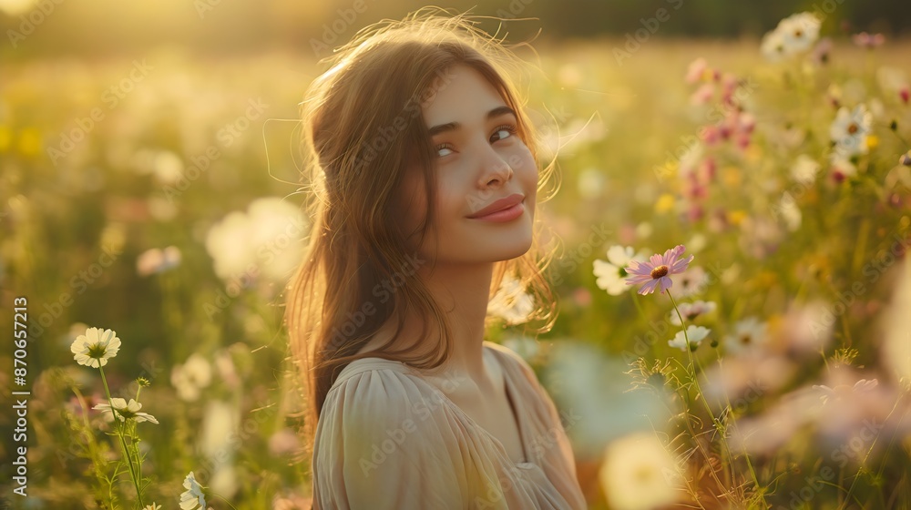 A cute young girl or woman with brown hair is on a meadow in the middle of a summer or spring day, in a sunny field full of flowers and tall green grass. Nature landscape, outdoor garden, A cute young girl or woman with brown hair is on a meadow in the middle of a summer or spring day, in a sunny field full of flowers and tall green grass. Nature landscape, outdoor garden,
