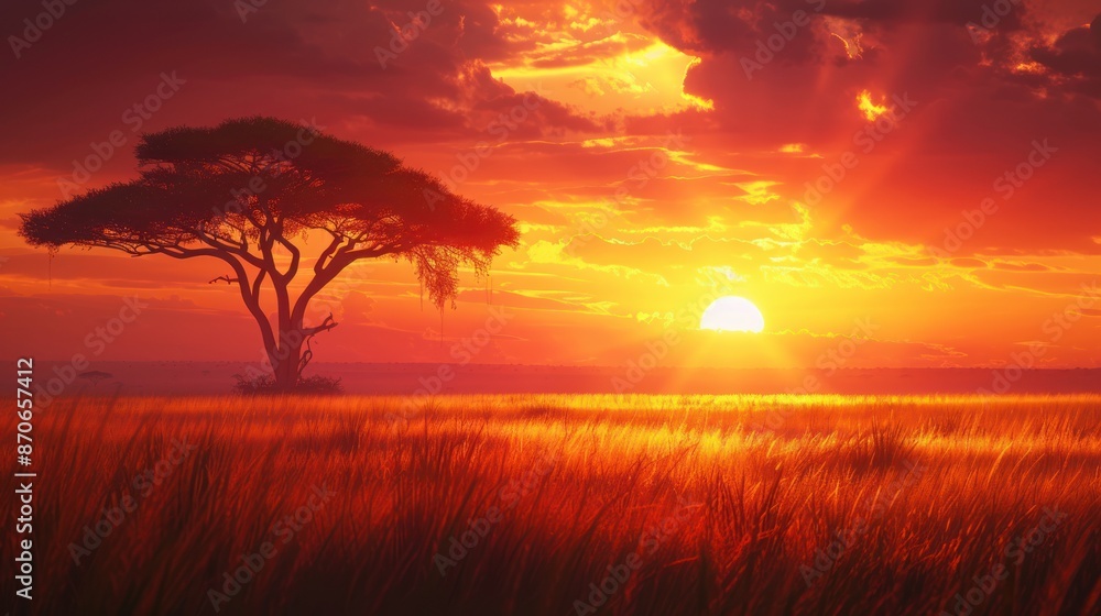 Fototapeta premium African Sunset With Silhouetted Tree