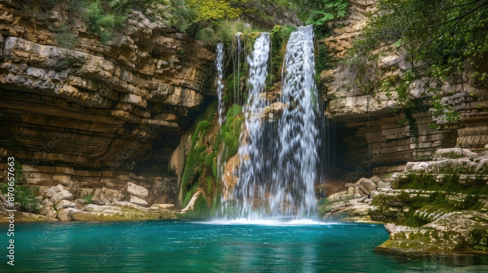 Fototapeta premium A majestic waterfall cascading into a serene pool, illustrating the beauty of natural forces.