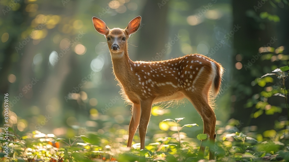 A deer standing in a forest clearing, surrounded by lush greenery and dappled sunlight, early morning light A deer standing in a forest clearing, surrounded by lush greenery and dappled sunlight, early morning light