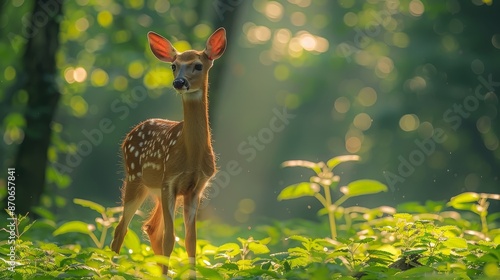 A deer standing in a forest clearing, surrounded by lush greenery and dappled sunlight, early morning light