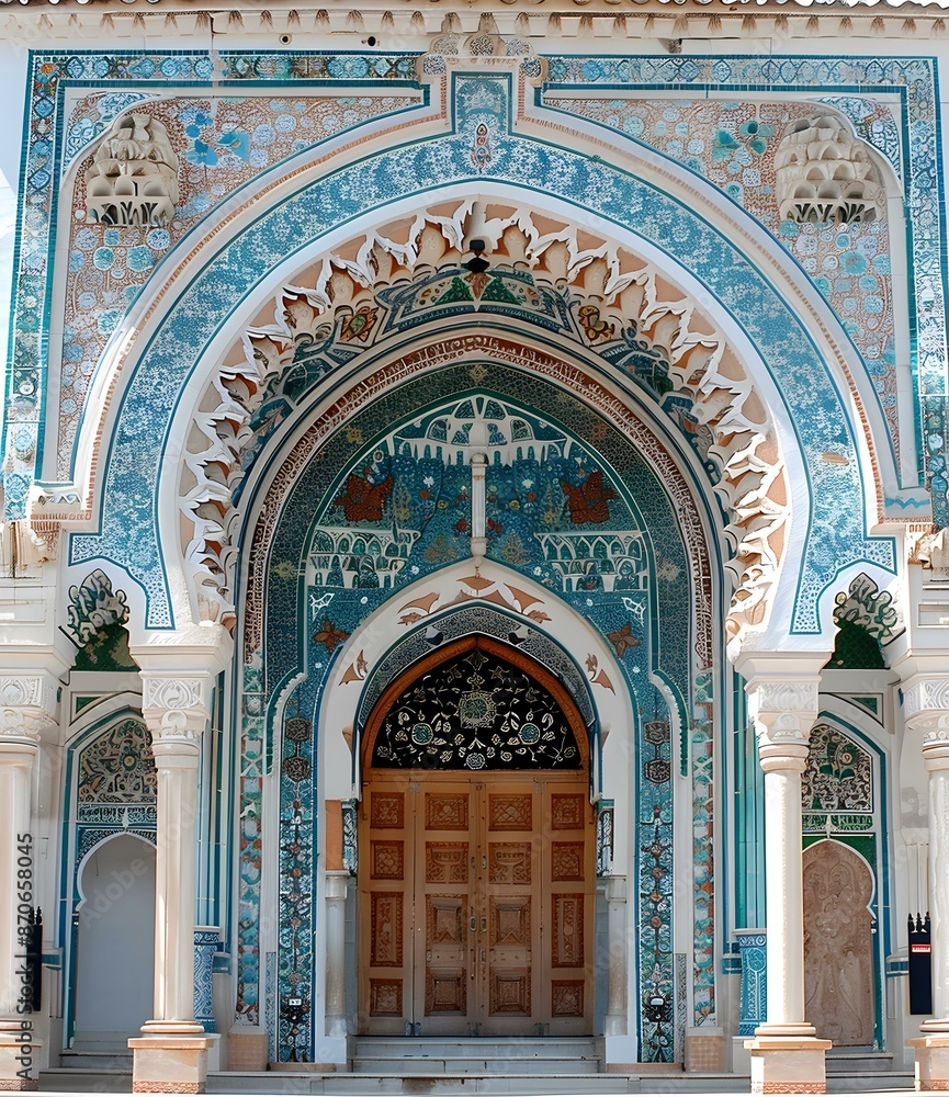 Obraz premium Ornate Entrance of a Building with Blue and White Tiles