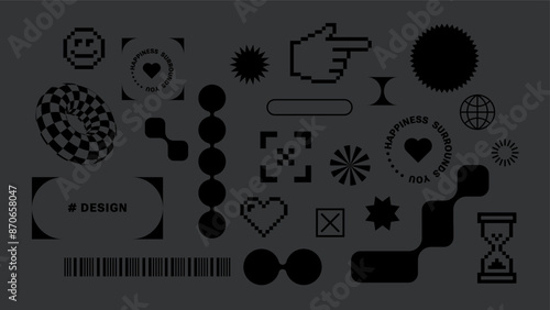 Trendy brutal retro stickers Y2k. Black color. Flat pixel art. Cool pop art elements. Simple shapes, design elements. Black and funky typography. zine aesthetic. Retro vibes. Cursor, liquid form.