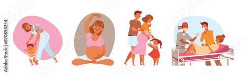 Preparation for Childbirth and Development with Pregnant Woman and Husband Vector Set