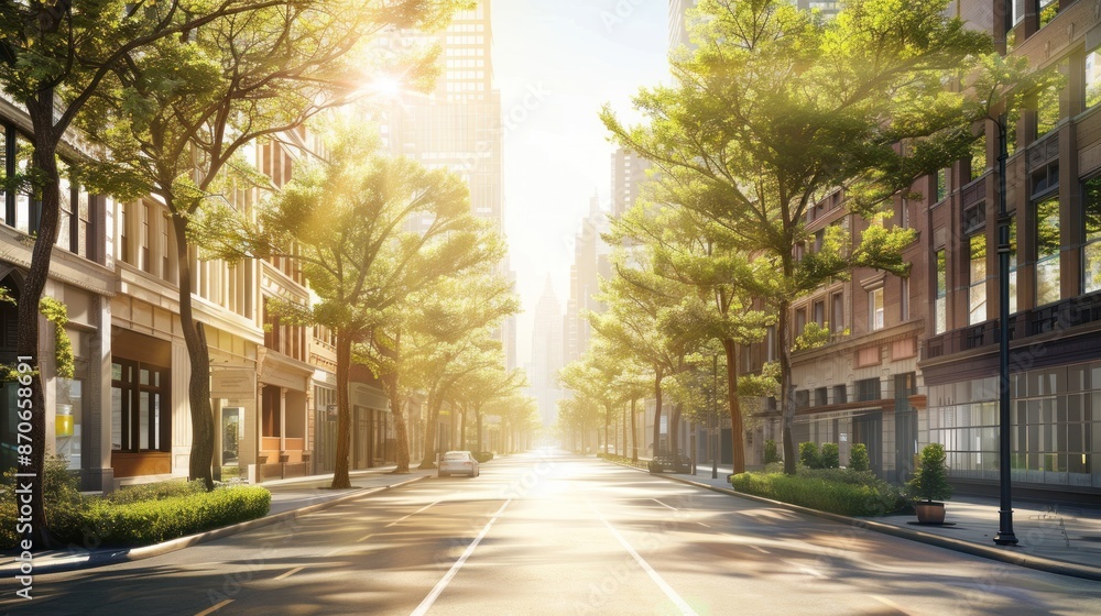 Sunny City Street with Lush Green Trees and Sunlight Sunny City Street with Lush Green Trees and Sunlight