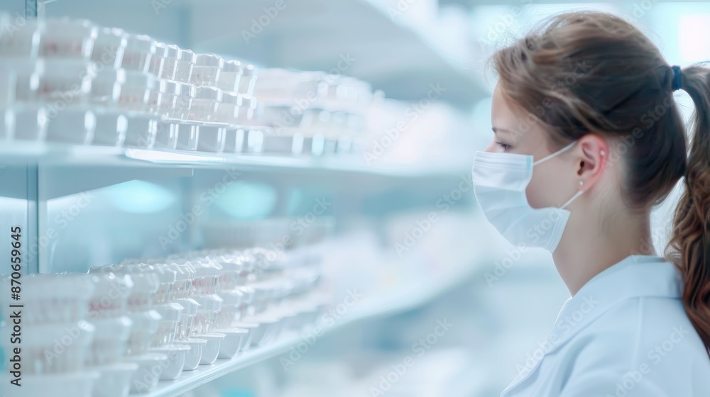 Female scientist wearing mask working in laboratory amidst stack of samples Female scientist wearing mask working in laboratory amidst stack of samples
