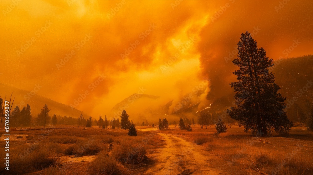 Smoke from wildfires fills the air, turning the sky a hazy orange and creating a surreal, apocalyptic landscape. Smoke from wildfires fills the air, turning the sky a hazy orange and creating a surreal, apocalyptic landscape.