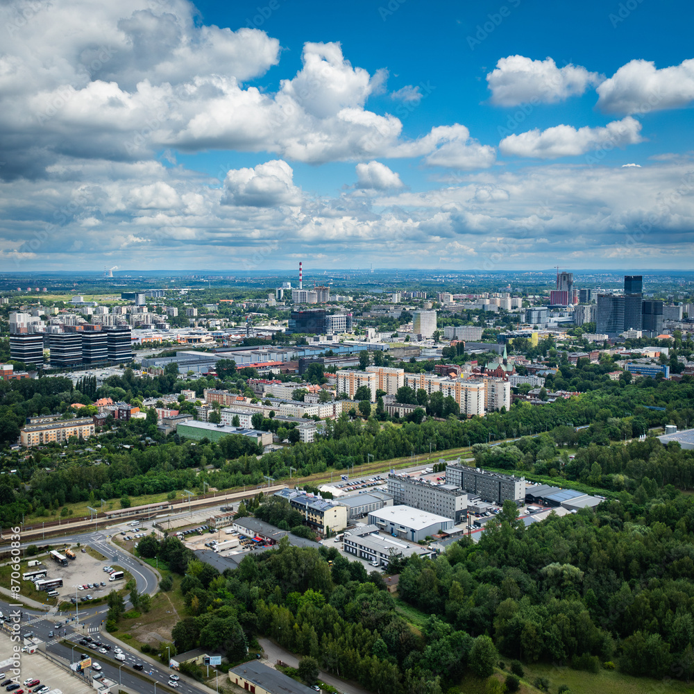 beautiful summer panorama of the city of Katowice - green city - skyscrapers among parks beautiful summer panorama of the city of Katowice - green city - skyscrapers among parks