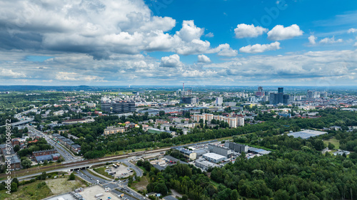 beautiful summer panorama of the city of Katowice - green city - skyscrapers among parks