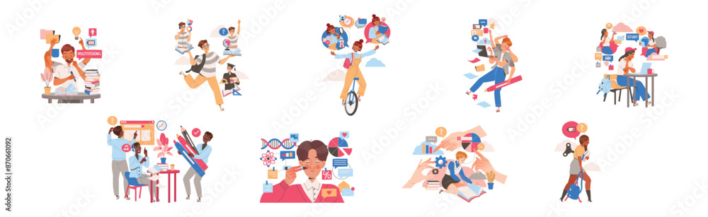 Fototapeta premium People Student Characters Learning Multitasking Switching Between Different Activities Vector Set