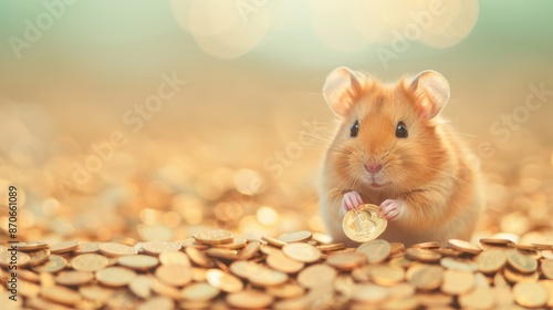 Hamster holding bitcoin in pile of gold coins  cryptocurrency savings concept. Hamster kombat photo