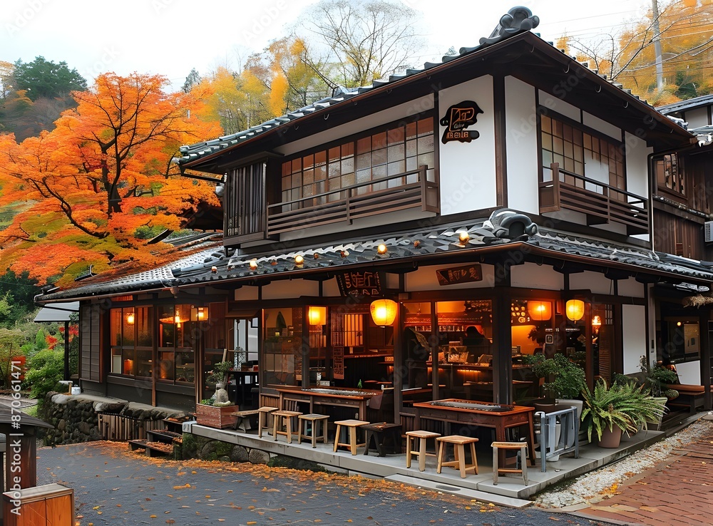 Traditional Japanese Building With Autumn Leaves Traditional Japanese Building With Autumn Leaves