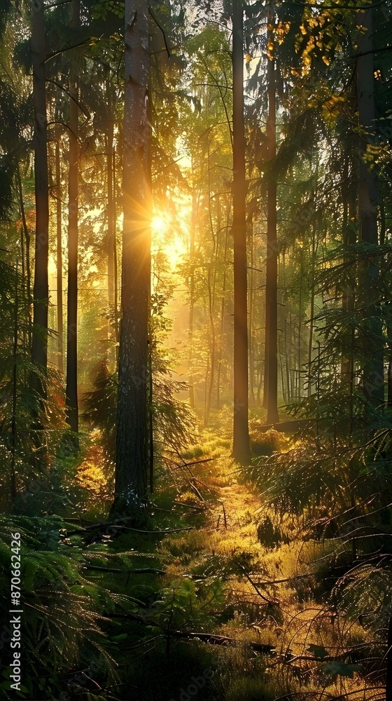 Fototapeta premium Sunbeams through Forest Trees