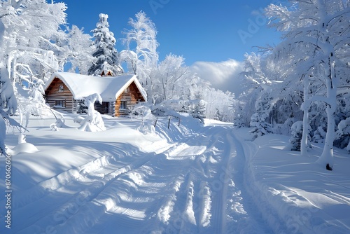 The snow-covered house and trees in the winter forest photo