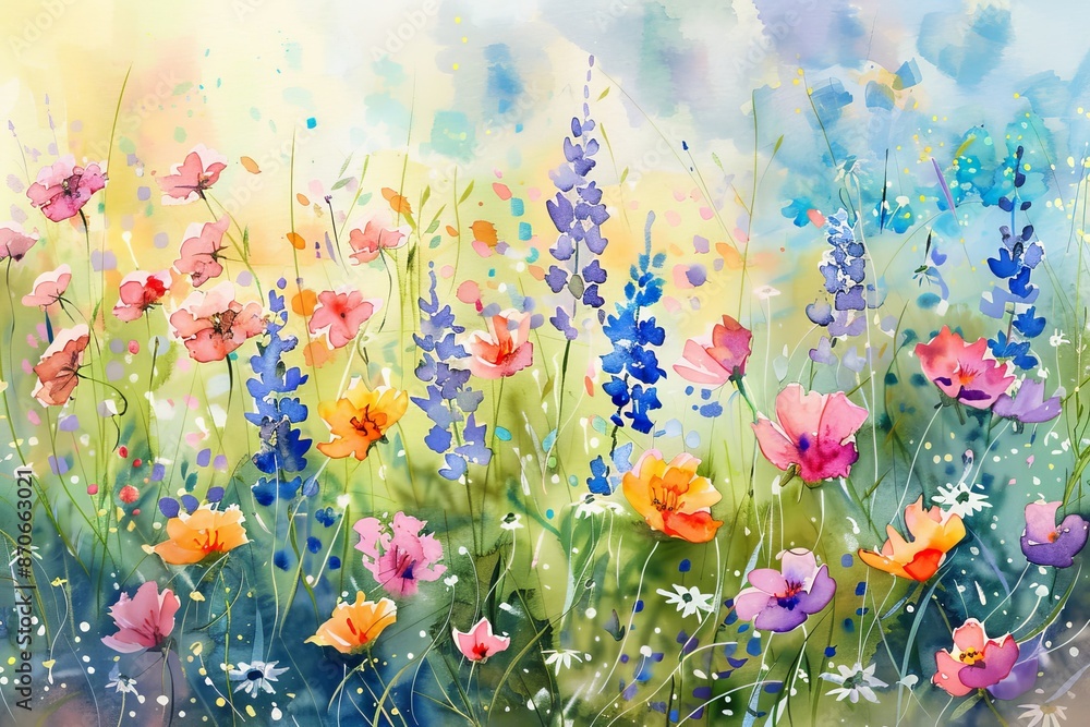 Obraz premium Watercolor of beautiful spring flowers on a meadow.