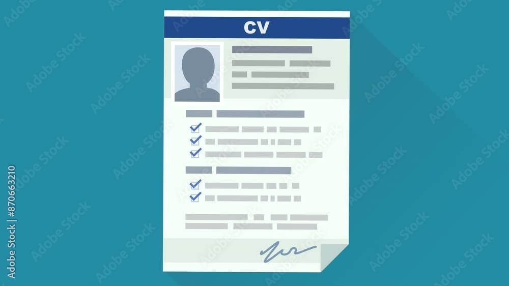 Animation of a hand presenting a Curriculum Vitae (CV) in the middle of the screen on blue background with long shadow (flat design) Animation of a hand presenting a Curriculum Vitae (CV) in the middle of the screen on blue background with long shadow (flat design)