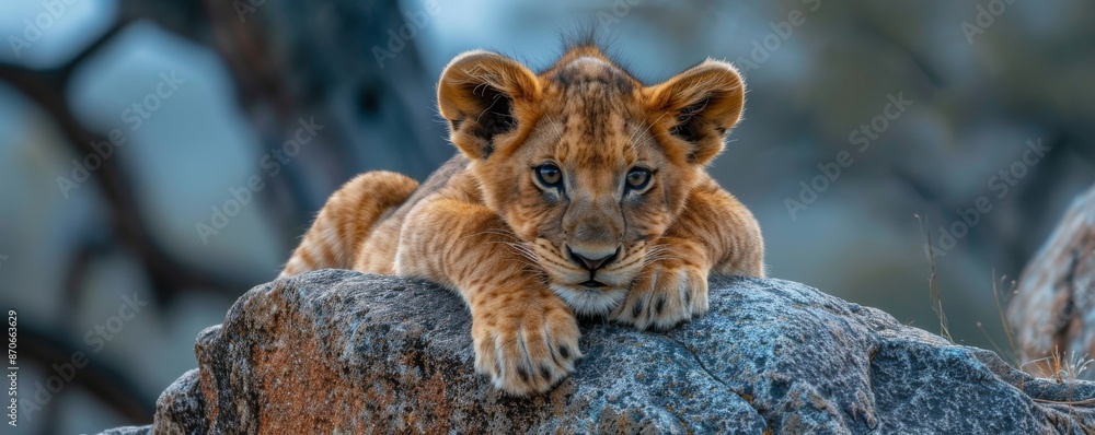 Lion cub resting on a rock in the wild, close-up portrait. Wildlife and safari adventure concept Lion cub resting on a rock in the wild, close-up portrait. Wildlife and safari adventure concept