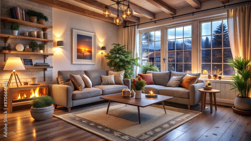 Modern living room with a fireplace, featuring stylish furniture and decor in a luxurious apartment Modern living room with a fireplace, featuring stylish furniture and decor in a luxurious apartment
