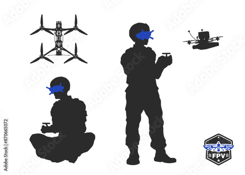 Soldier controls a FPV drone. Black silhouette of modern wireless bomber. Military aerial weapon operator. Isolated drawing of tactical planes division