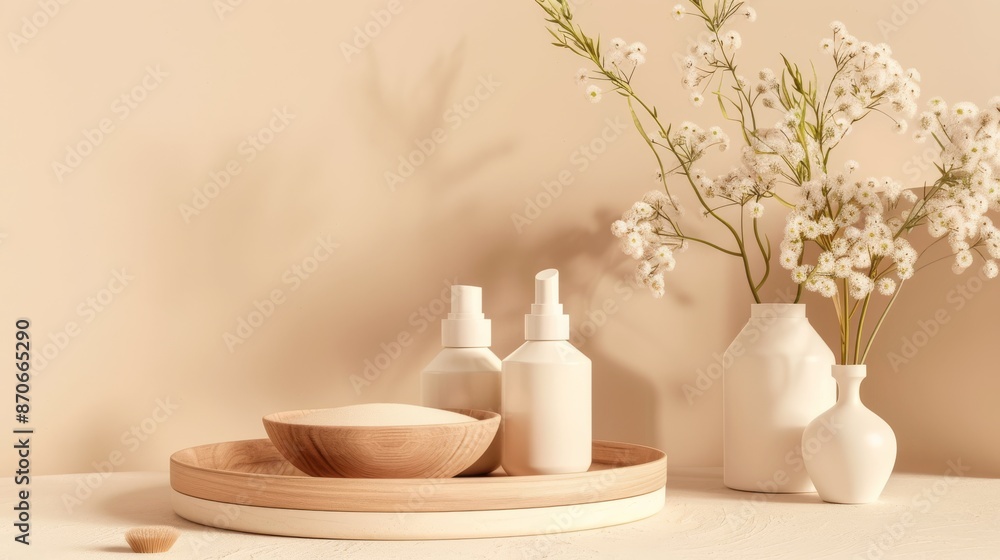 Cosmetic Product Display with Floral Accents Mockup Cosmetic Product Display with Floral Accents Mockup