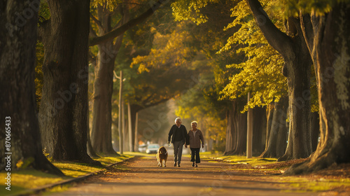 Couple walks their dog down a path lined with autumn trees. © Quality Photos