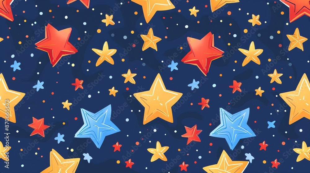 A seamless pattern with colorful stars on a dark blue background. A seamless pattern with colorful stars on a dark blue background.