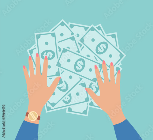 Female hands lying on a pile of dollar bills on a green background, top view. Flat vector illustration