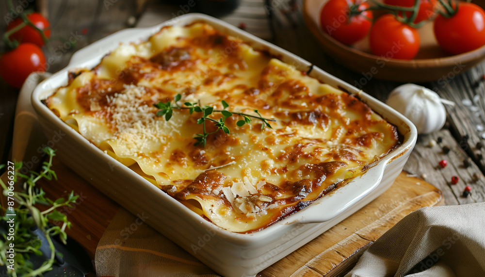 Meat cannelloni sauce bechamel on wooden table Meat cannelloni sauce bechamel on wooden table