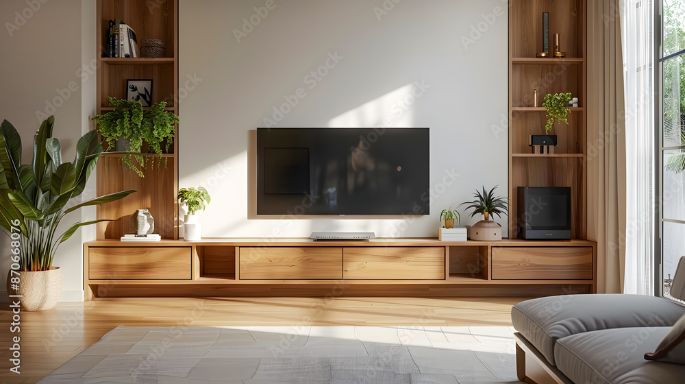 Mockup poster TV cabinet and storage space in a living room with a white wall Mockup poster TV cabinet and storage space in a living room with a white wall