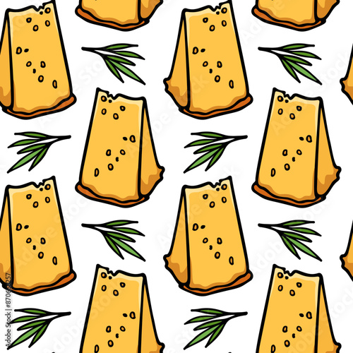 Vector seamless pattern with hand drawn pieces of delicious cheese with rosemary twigs. Ink drawing, graphic style. Beautiful food design elements. Perfect for prints and patterns