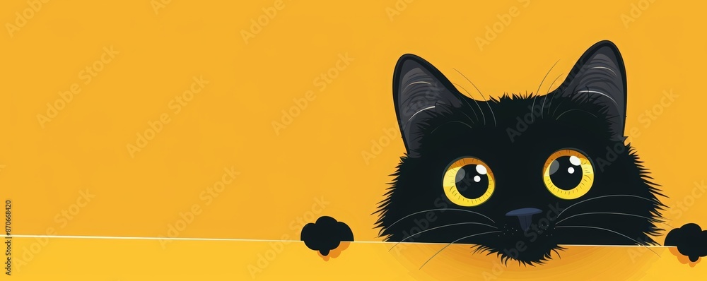 Cute black cat peeking from top corner of yellow background vector ...