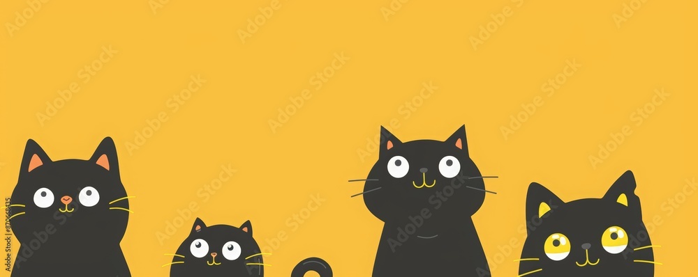 Cute black cat peeking from top corner of yellow background vector ...