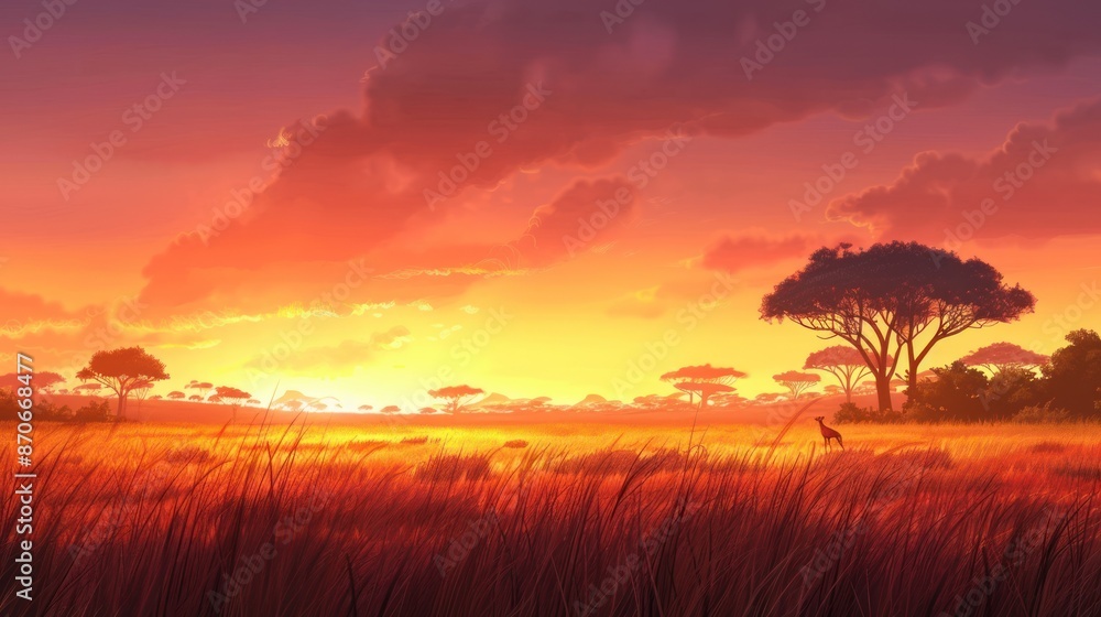 Fototapeta premium African Savanna Sunset with a Solitary Giraffe