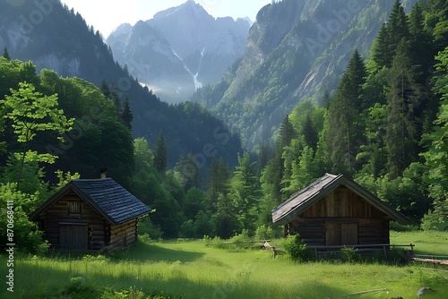 Two wooden houses in a valley in the Alps with a beautiful mountain landscape in the background photo