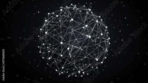 central circle in the shape of a ball, representing blockchain nodes, spherical network pattern encircling it, 3D design expanding outwards, set against a black backdrop.
