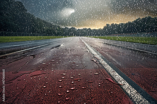 A wet road during a rainstorm with raindrops falling and a dark, cloudy sky. The image captures the atmosphere of a rainy day and the texture of the wet surface. Concept of weather and solitude.