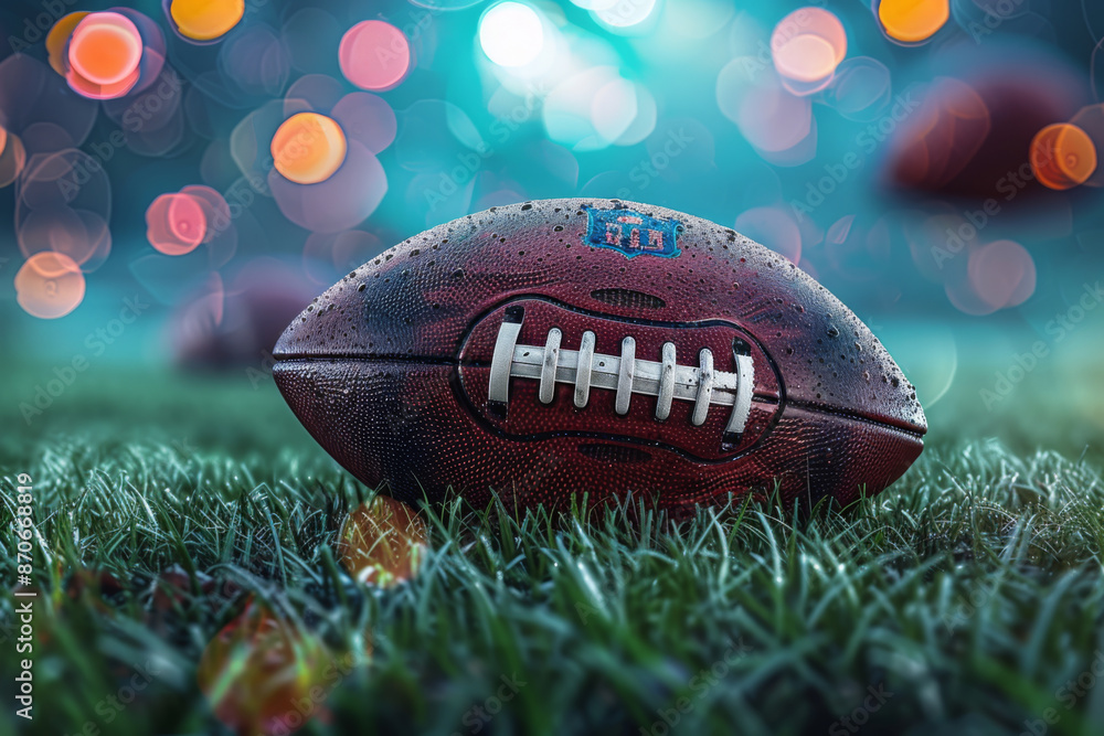 Wet Football on a Field of Green Grass Wet Football on a Field of Green Grass