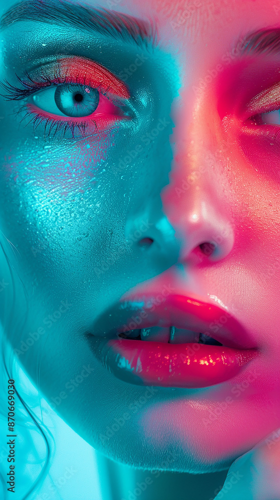 A vibrant close-up portrait of a woman's face split into pink and blue lighting, showcasing striking makeup and texture details. A vibrant close-up portrait of a woman's face split into pink and blue lighting, showcasing striking makeup and texture details.
