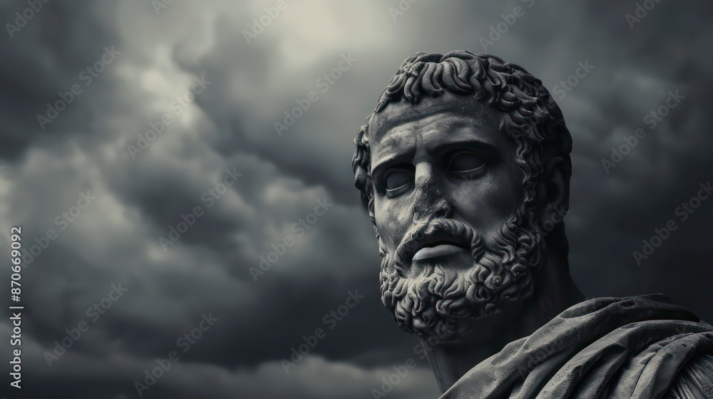 towering statue of a muscular Greek man, representing stoicism, stands amidst grand columns, embodying ancient Greek architecture and society's deep philosophical ideals of strength and endurance. towering statue of a muscular Greek man, representing stoicism, stands amidst grand columns, embodying ancient Greek architecture and society's deep philosophical ideals of strength and endurance.