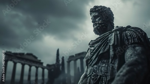 towering statue of a muscular Greek man, representing stoicism, stands amidst grand columns, embodying ancient Greek architecture and society's deep philosophical ideals of strength and endurance.