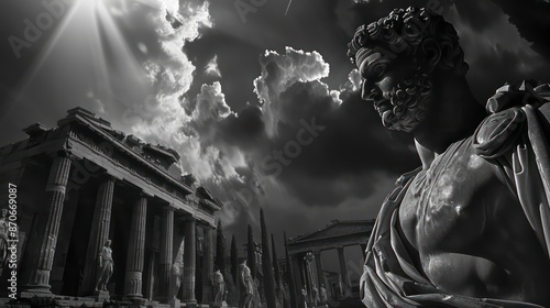 towering statue of a muscular Greek man, representing stoicism, stands amidst grand columns, embodying ancient Greek architecture and society's deep philosophical ideals of strength and endurance.