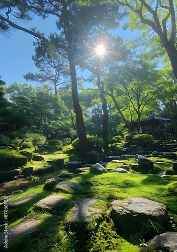 A photo of a Zen garden with a rock and tree photo