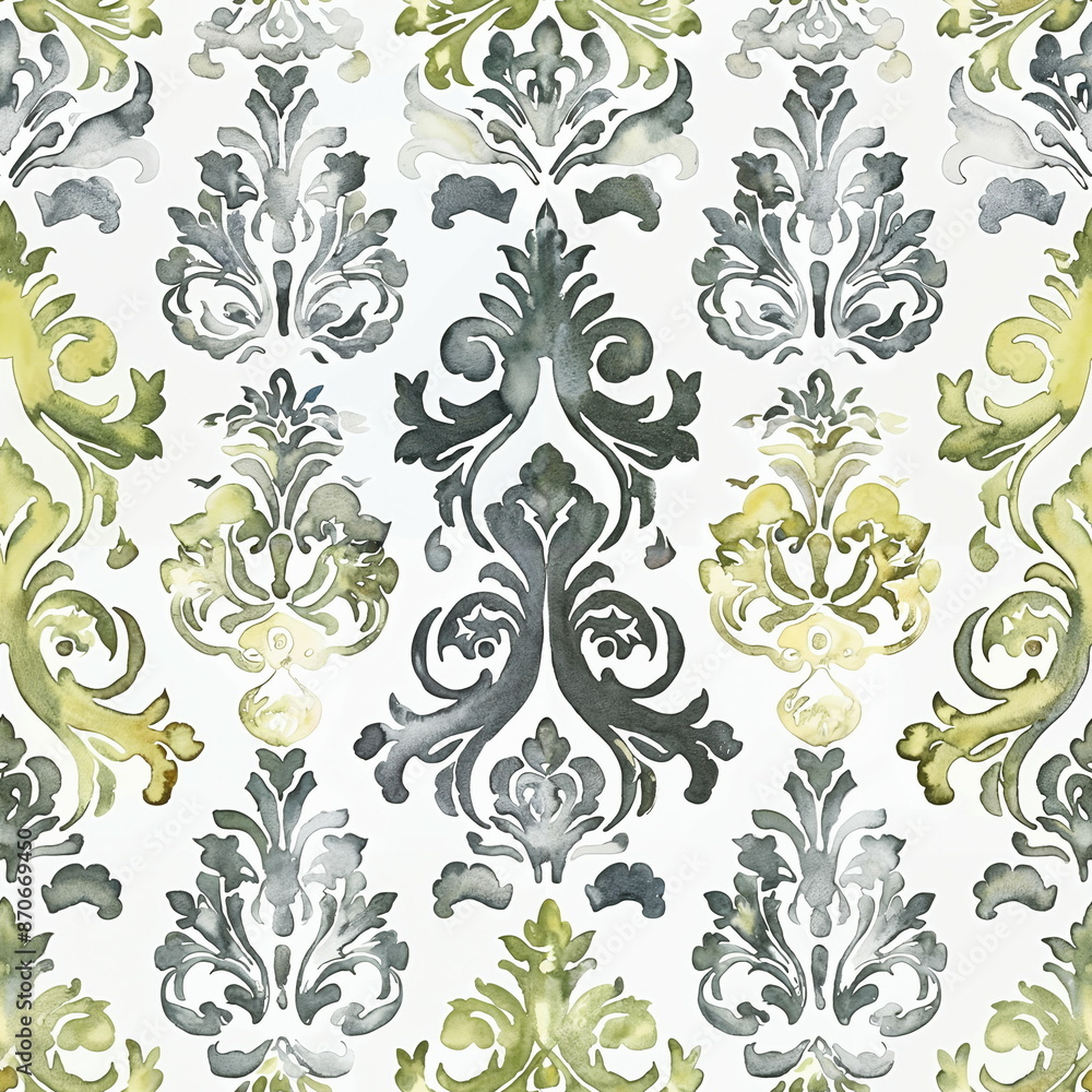 Venetian pattern in Lime, graphite, and white, watercolour style, seamless pattern, vintage, interior tile ornament, textile, wrapping paper, clothes, print, floor, kitchen, bathroom, decor Venetian pattern in Lime, graphite, and white, watercolour style, seamless pattern, vintage, interior tile ornament, textile, wrapping paper, clothes, print, floor, kitchen, bathroom, decor