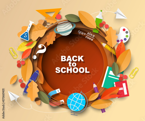 Back to school papercut template vector illustration. First September advertising poster in craft style. Knowledge day poster with layered effect